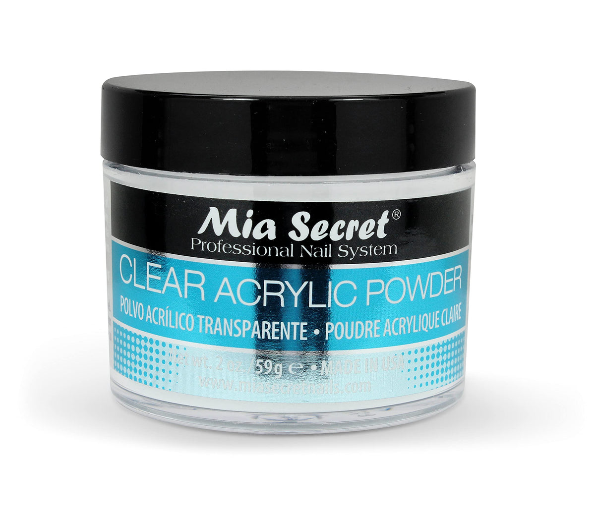 Mia Secret front packaging showing 2oz jar and clear acrylic identity for professional use