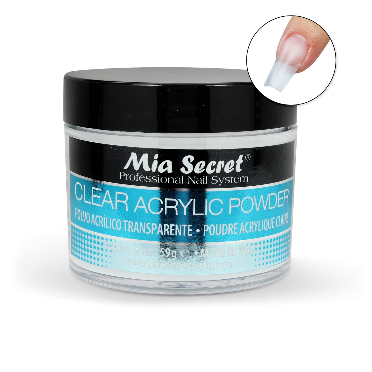 Mia Secret open jar showing fine clear acrylic powder texture for smooth application