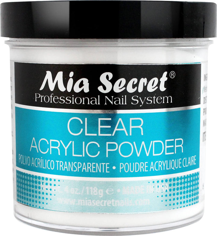 Mia Secret clear acrylic powder jar front, professional packaging benefit