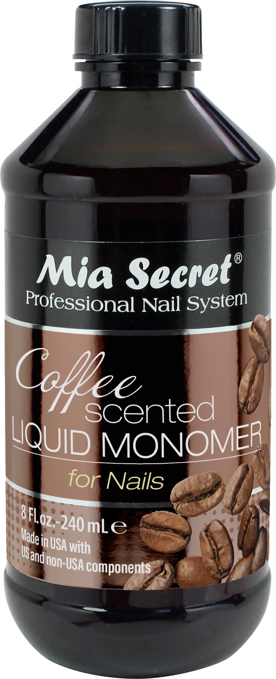 Mia Secret front bottle view showing coffee-scented monomer and clear labeling benefit