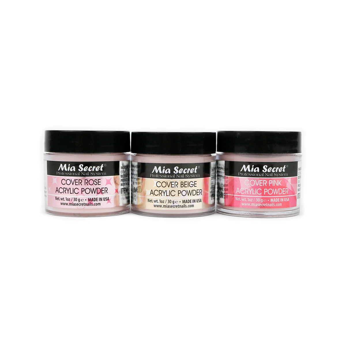 Mia Secret product front packaging showing three 1 oz jars and clear labeling for quick selection