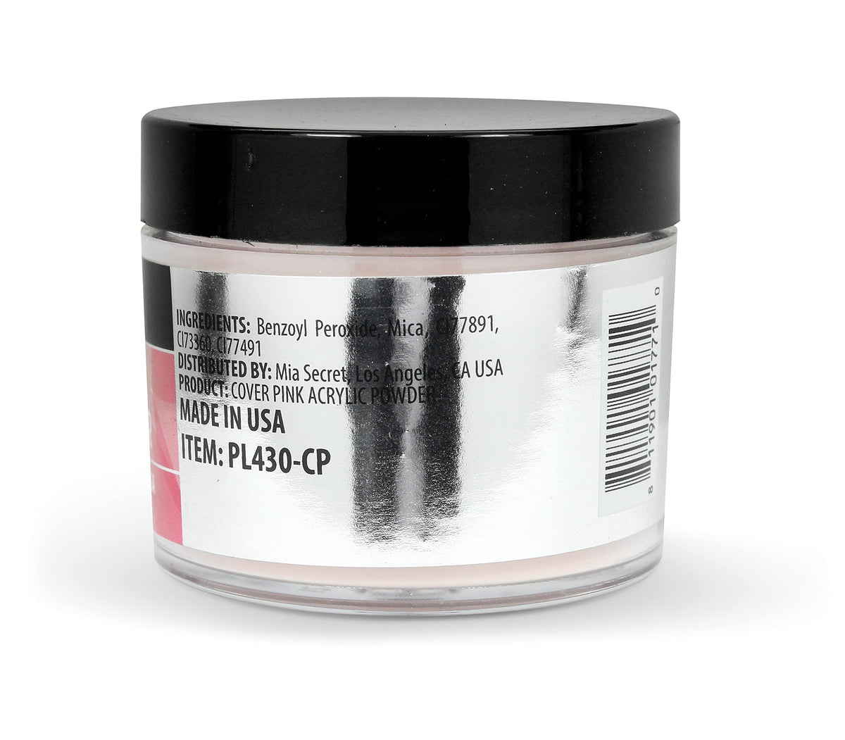 Mia Secret open jar showing fine cover pink powder texture for smooth application