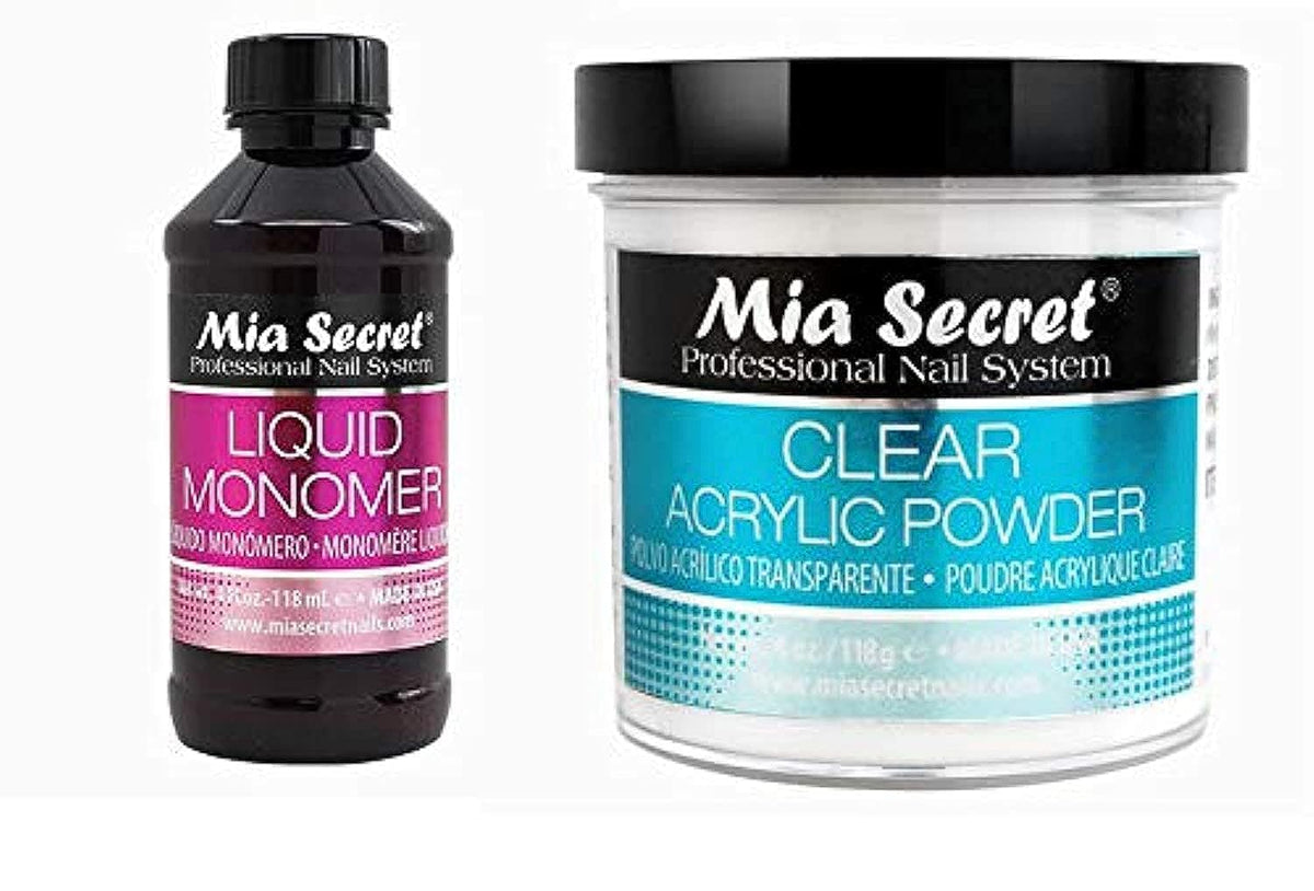 Mia Secret front packaging showing both 4oz liquid and 4oz clear powder, professional kit benefit