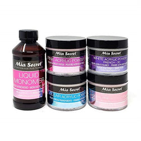 Mia Secret front packaging showing monomer and four powder jars, professional kit benefit