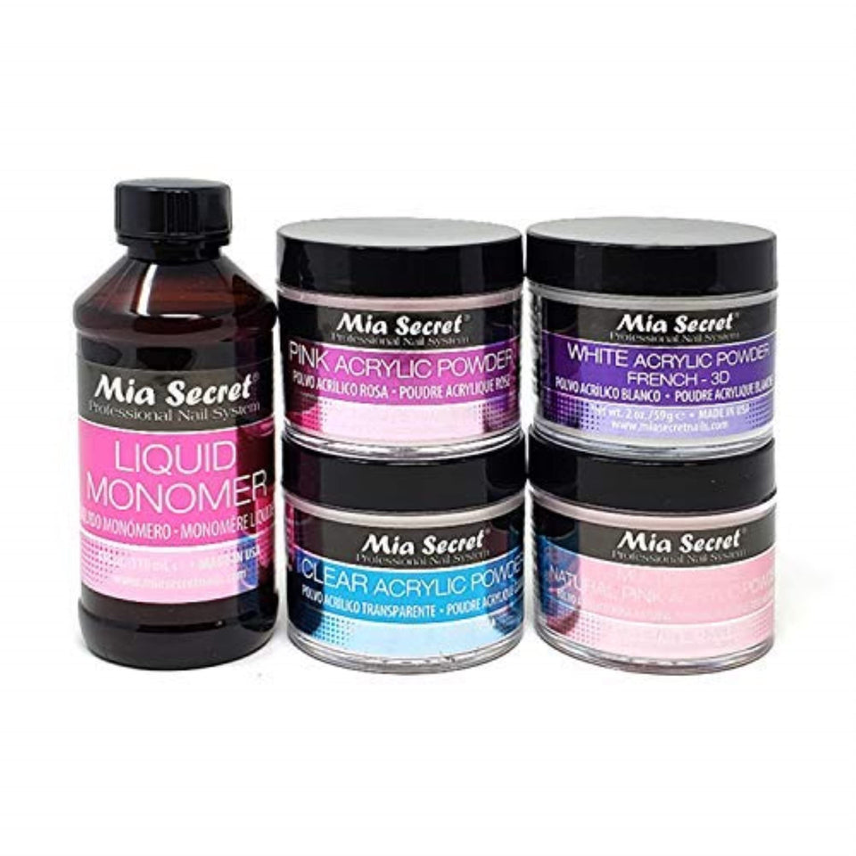Mia Secret front packaging showing monomer and four powder jars, professional kit benefit