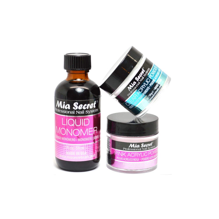 Mia Secret front packaging showing monomer and powders, useful for quick identification