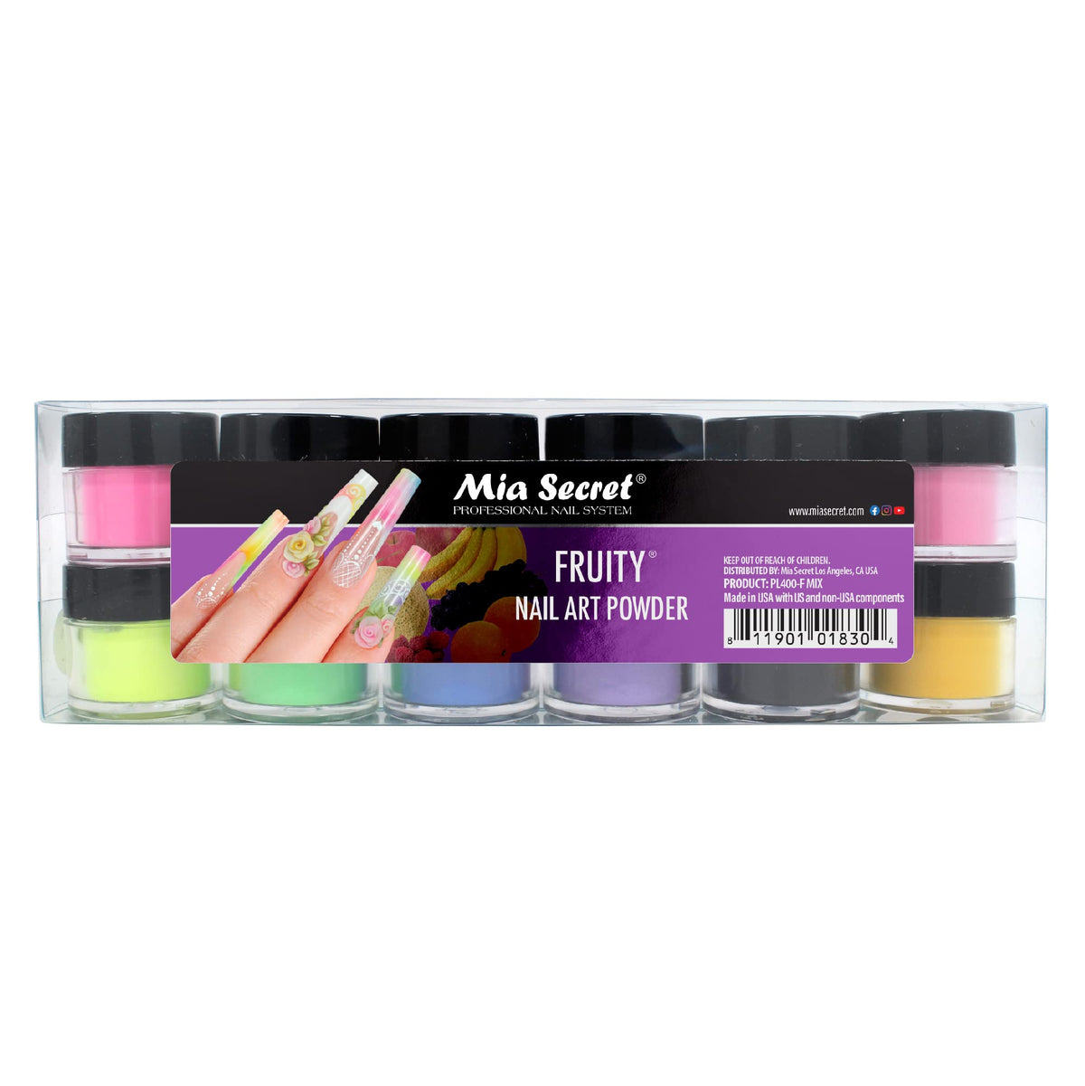 Mia Secret front packaging showing 12 colorful acrylic powder jars and labels for quick selection