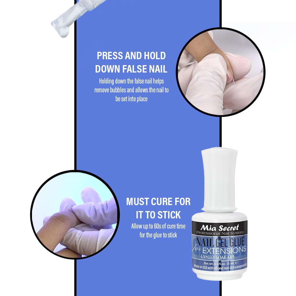 Technician applying Mia Secret glue to a nail tip demonstrating fast bond and accurate fit