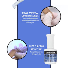 Technician applying Mia Secret glue to a nail tip demonstrating fast bond and accurate fit