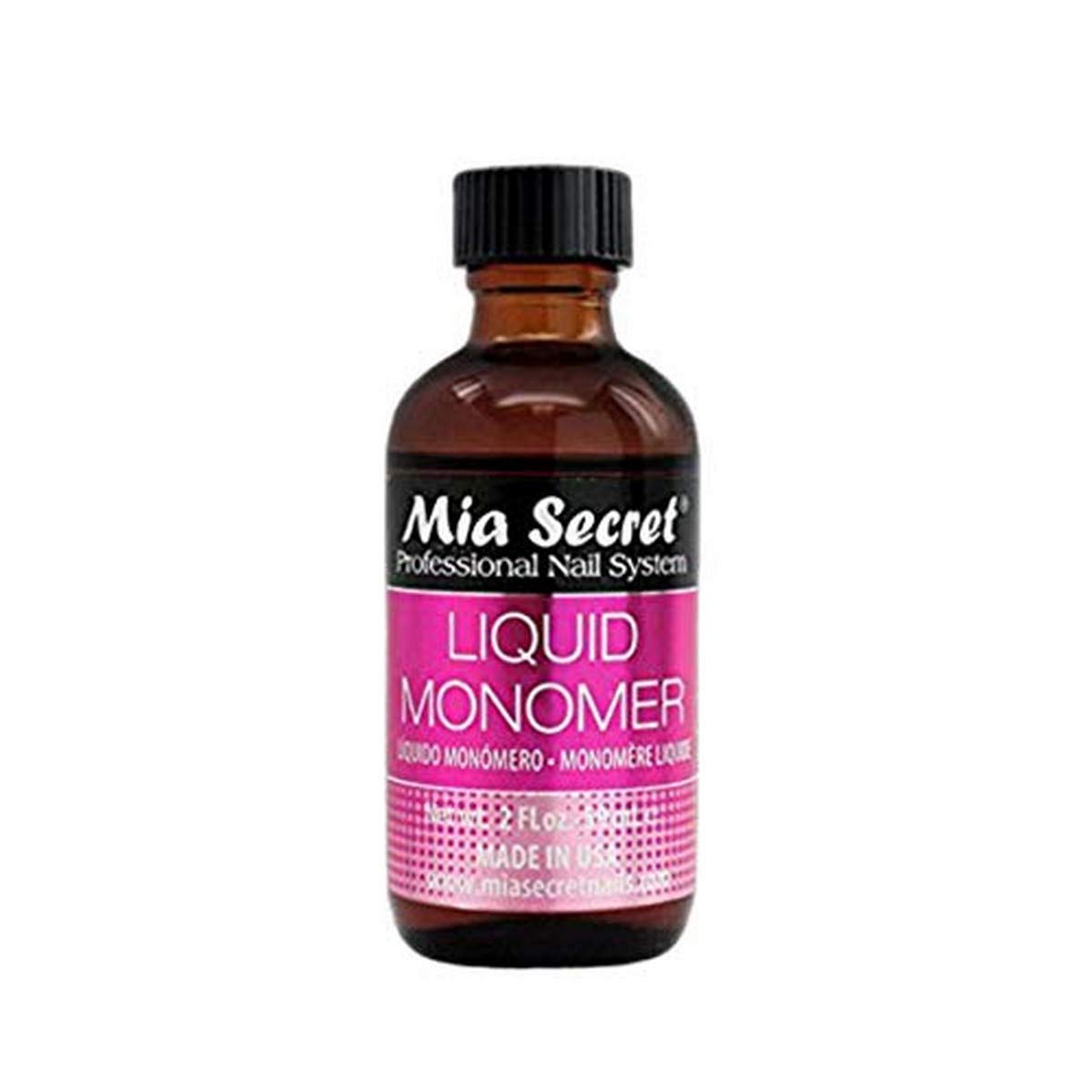 Mia Secret liquid monomer front label showing 2 oz bottle and product clarity benefit
