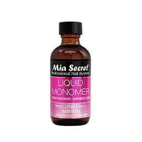 Mia Secret liquid monomer front label showing 2 oz bottle and product clarity benefit