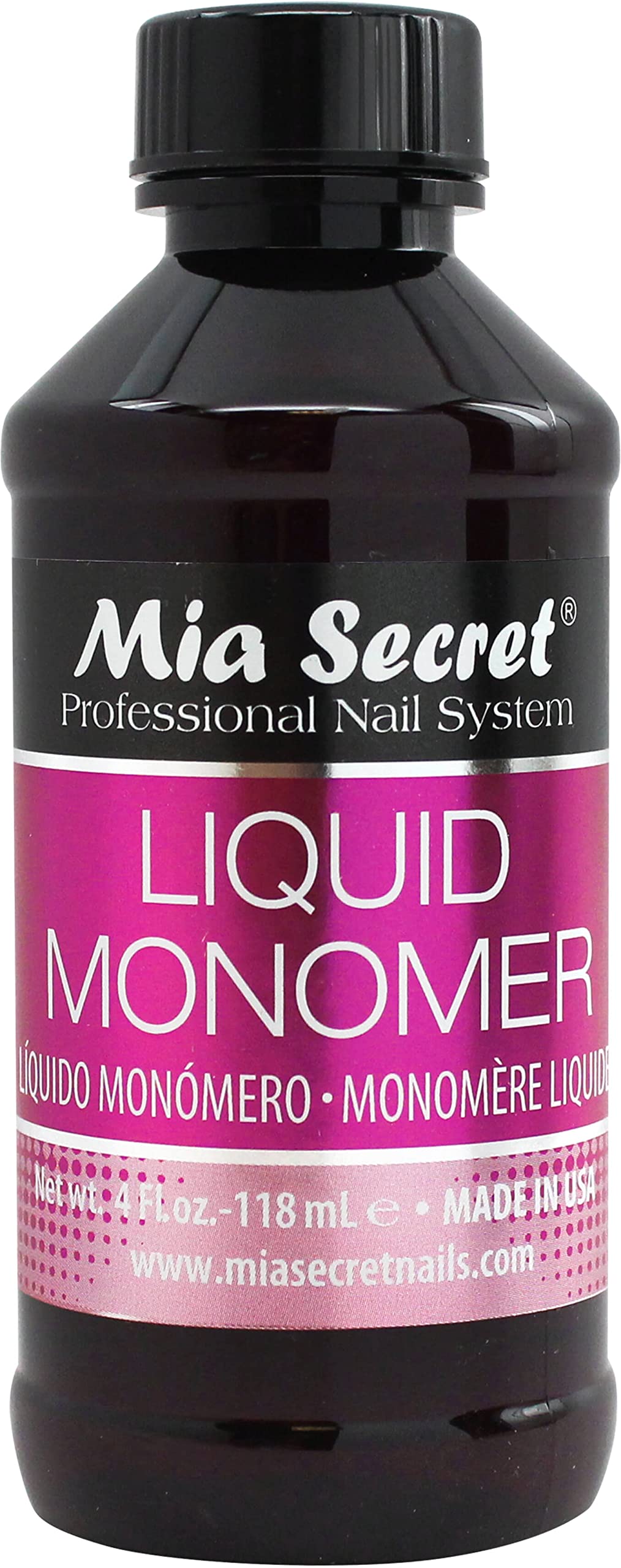 Mia Secret bottle front label showing product and clear monomer benefit