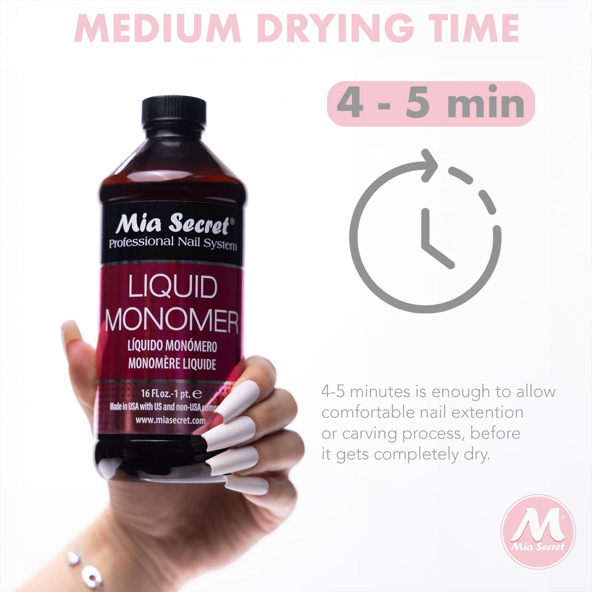 Mia Secret monomer poured into dappen dish forming a bead for controlled application