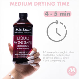 Mia Secret monomer poured into dappen dish forming a bead for controlled application