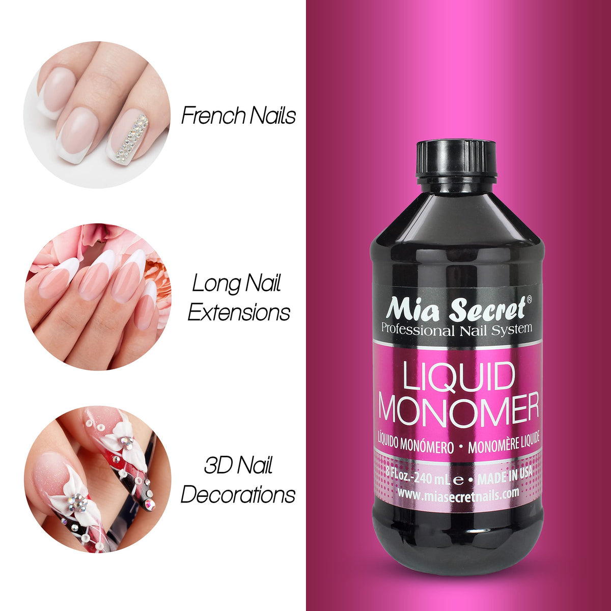 Mia Secret liquid monomer pour showing clear texture for smooth mixing