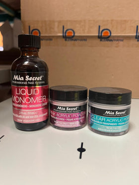 Mia Secret 2oz liquid monomer bottle close-up, highlighting pour spout for controlled use