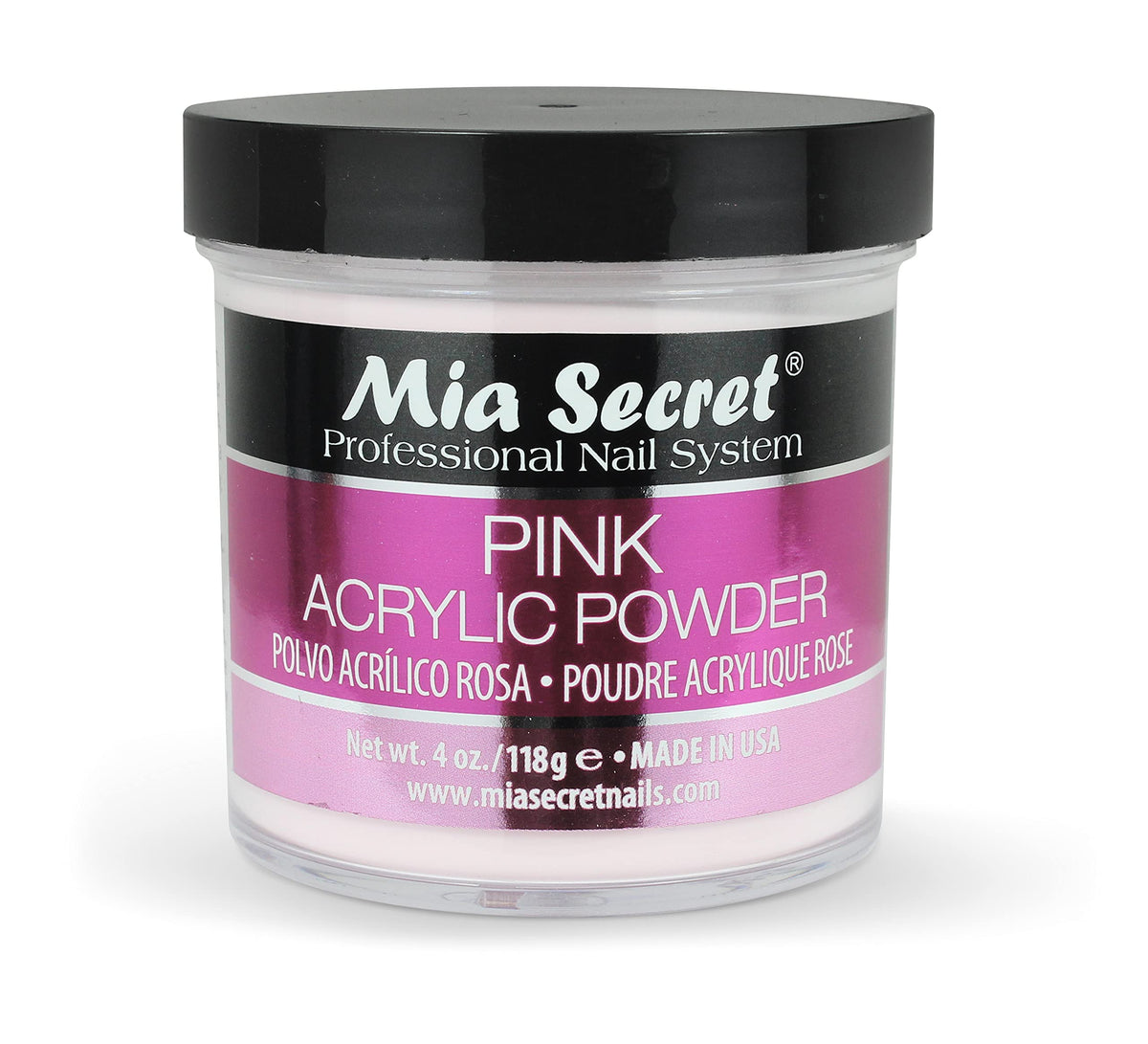 Mia Secret jar front view showing product and clear labeling benefits