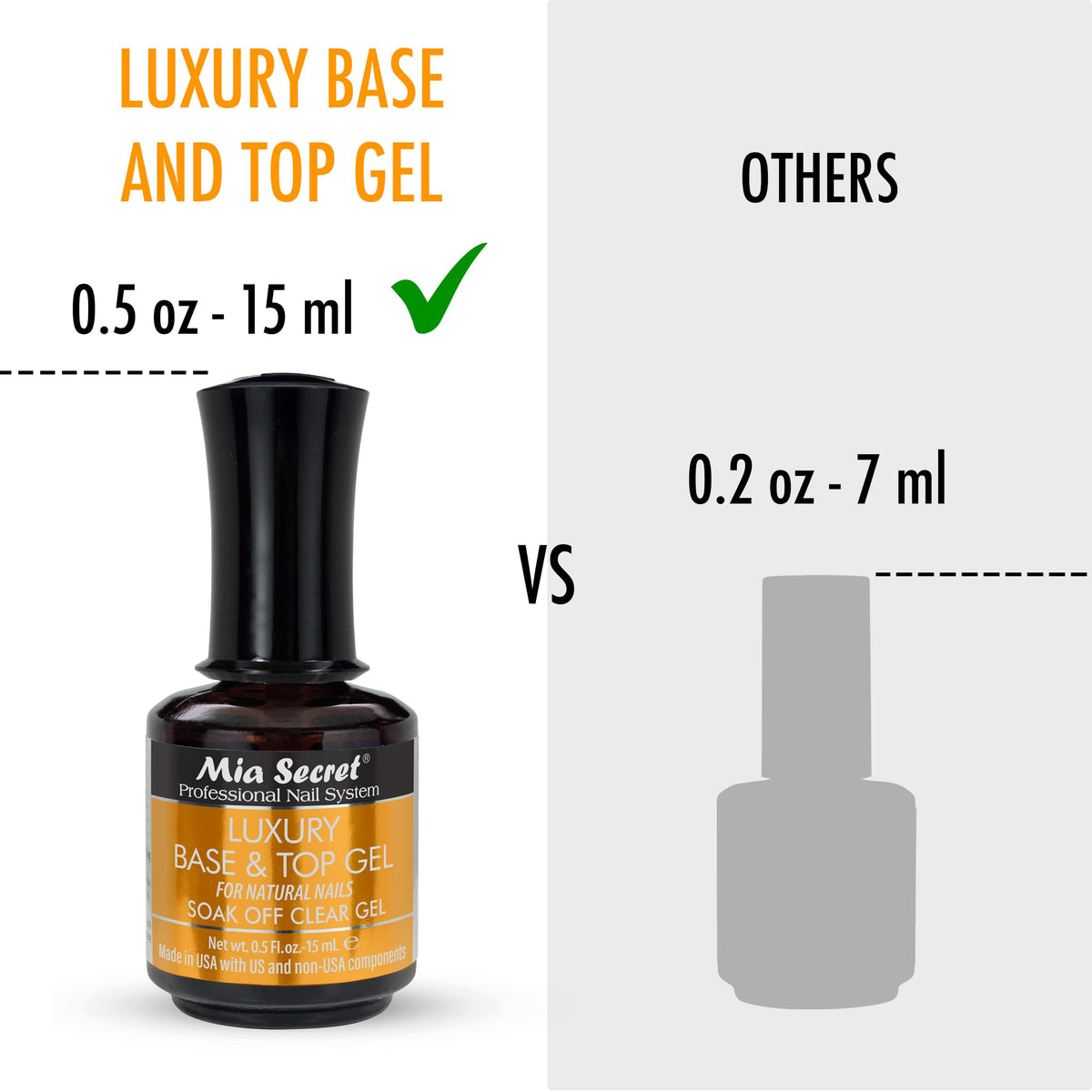 Side label of Mia Secret bottle showing usage details and soak-off benefit