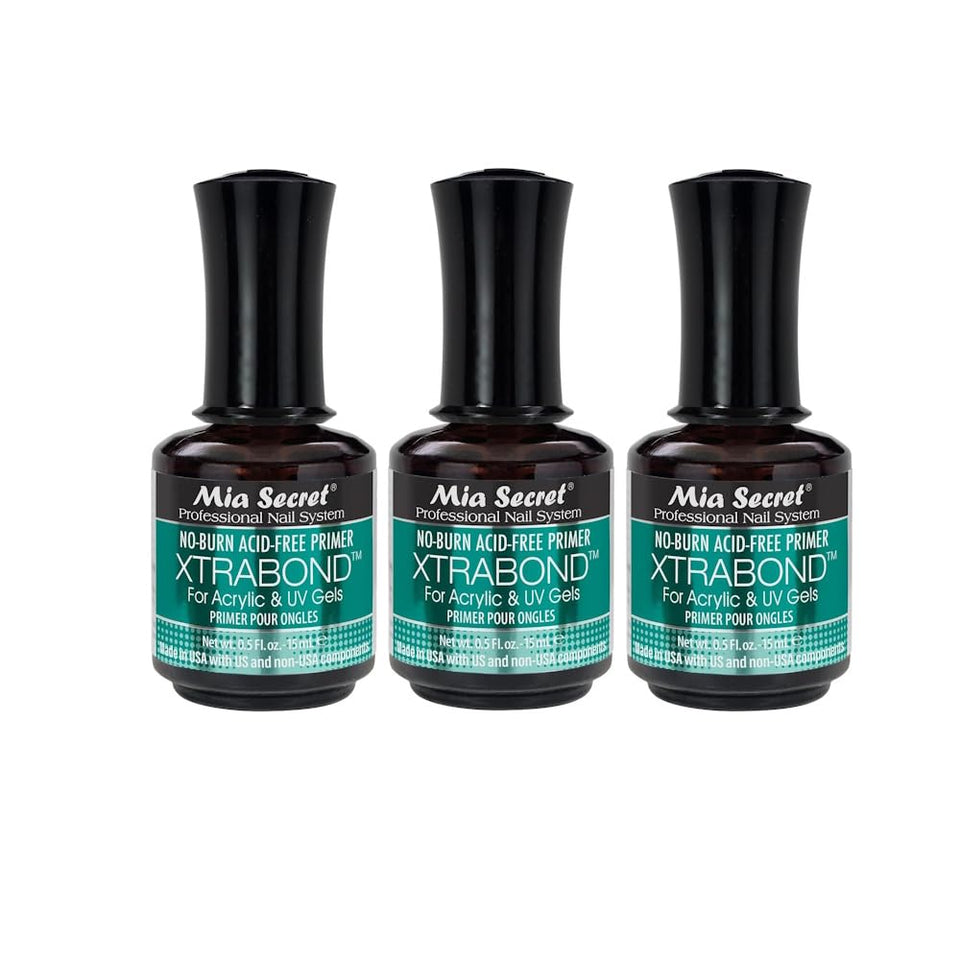 Mia Secret front packaging showing three 0.5 fl oz bottles and brand for reliable adhesion