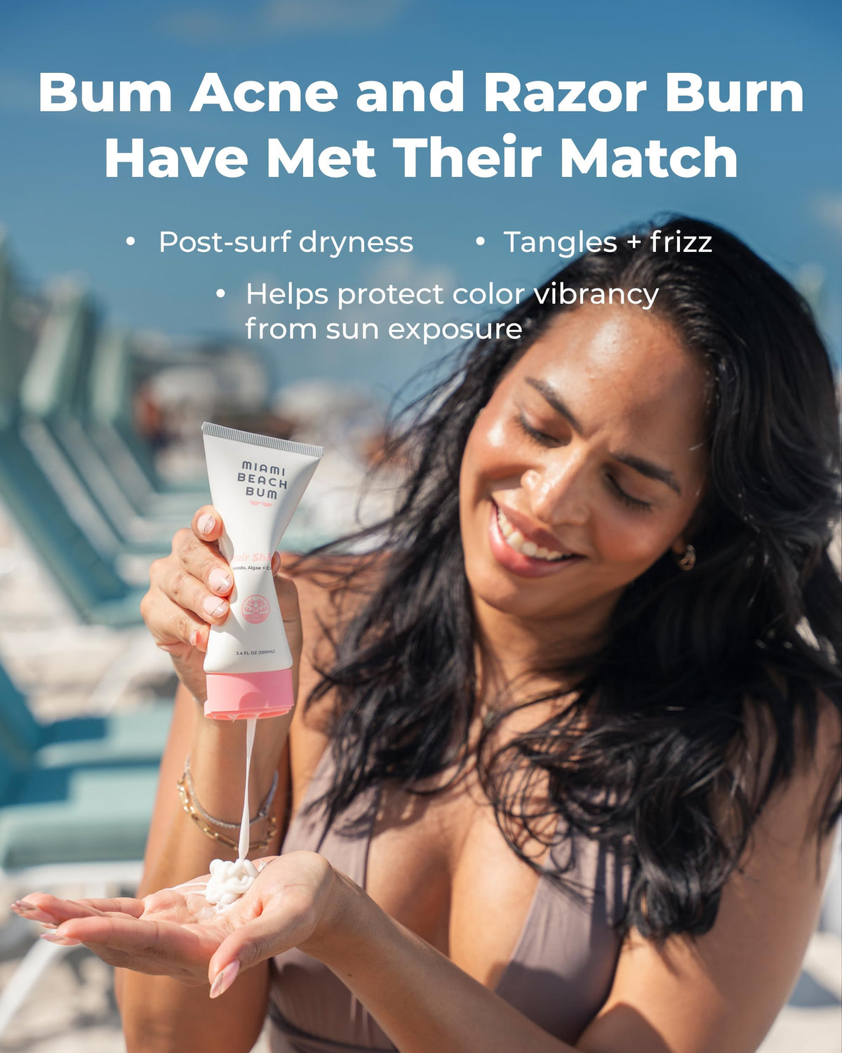 miami beach bum dispensing product onto hand to show easy application and control