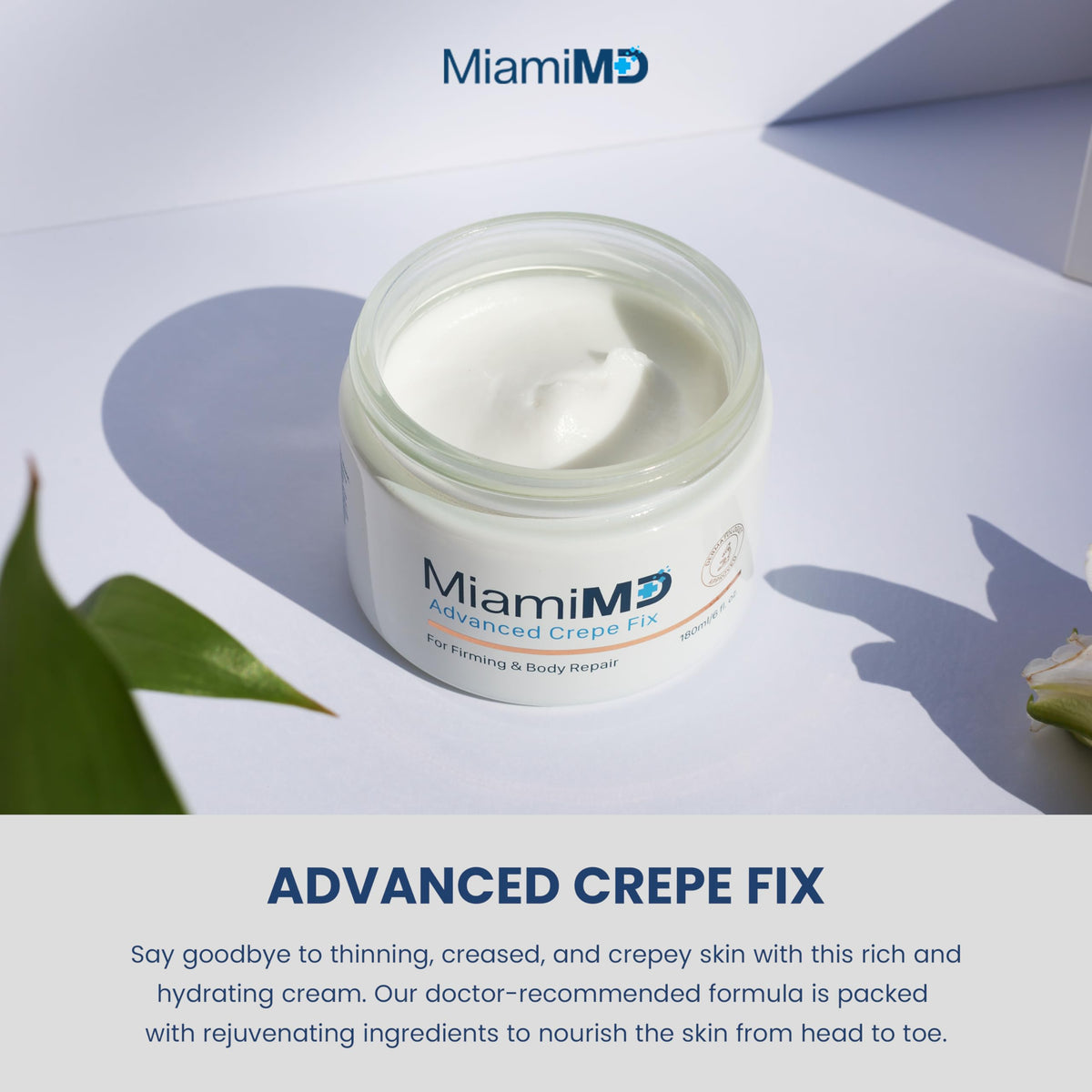 MiamiMD cream texture close-up on fingertip, shows lightweight absorbent consistency
