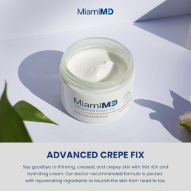 MiamiMD cream texture close-up on fingertip, shows lightweight absorbent consistency
