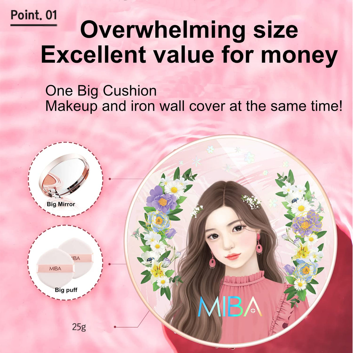 MIBA cushion in use with puff demonstrating quick, full-coverage application