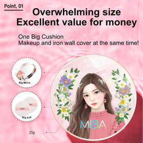 MIBA large puff and mirror in hand demonstrating fast, even application benefit