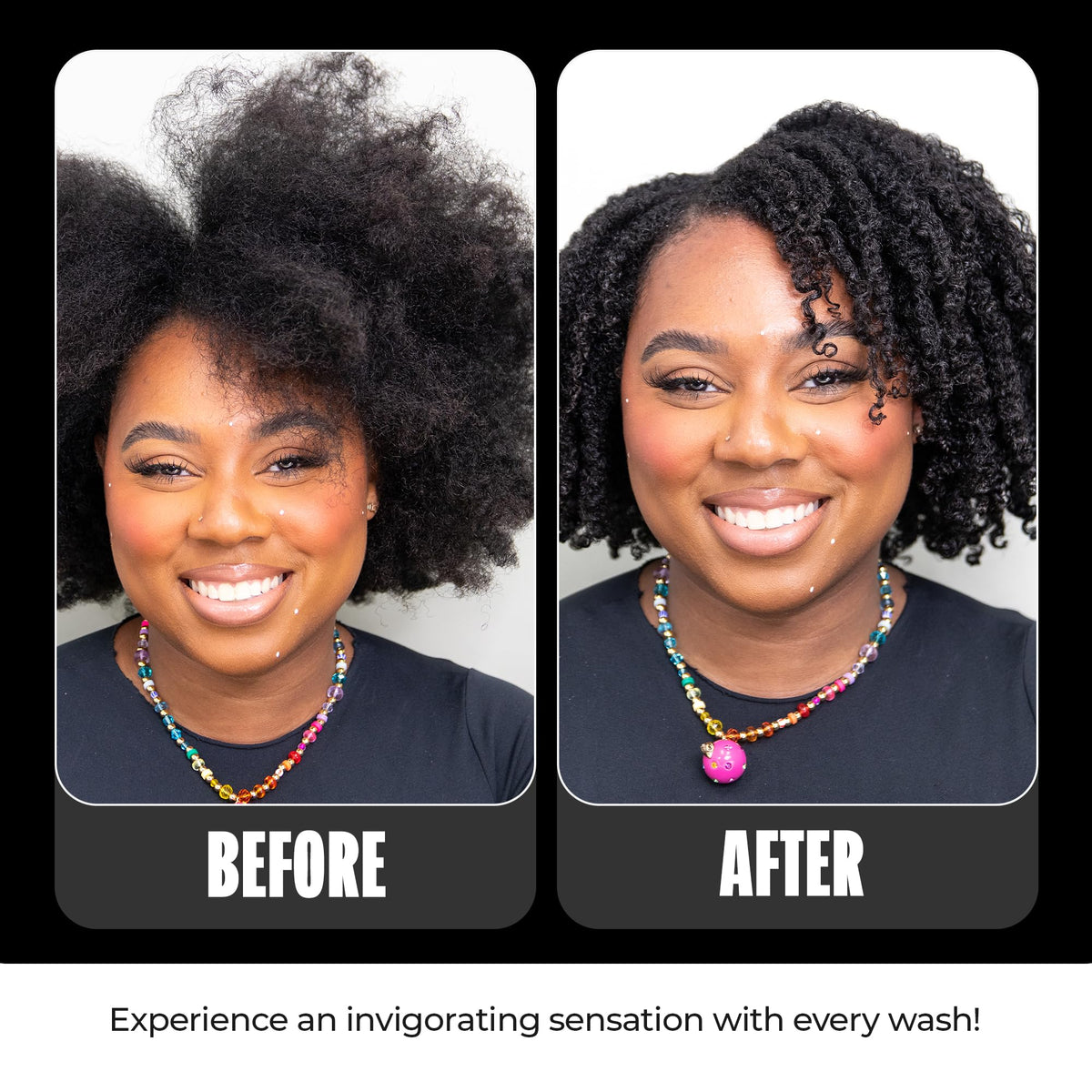 Miche Beauty in-hand application on curly hair showing improved curl definition benefit