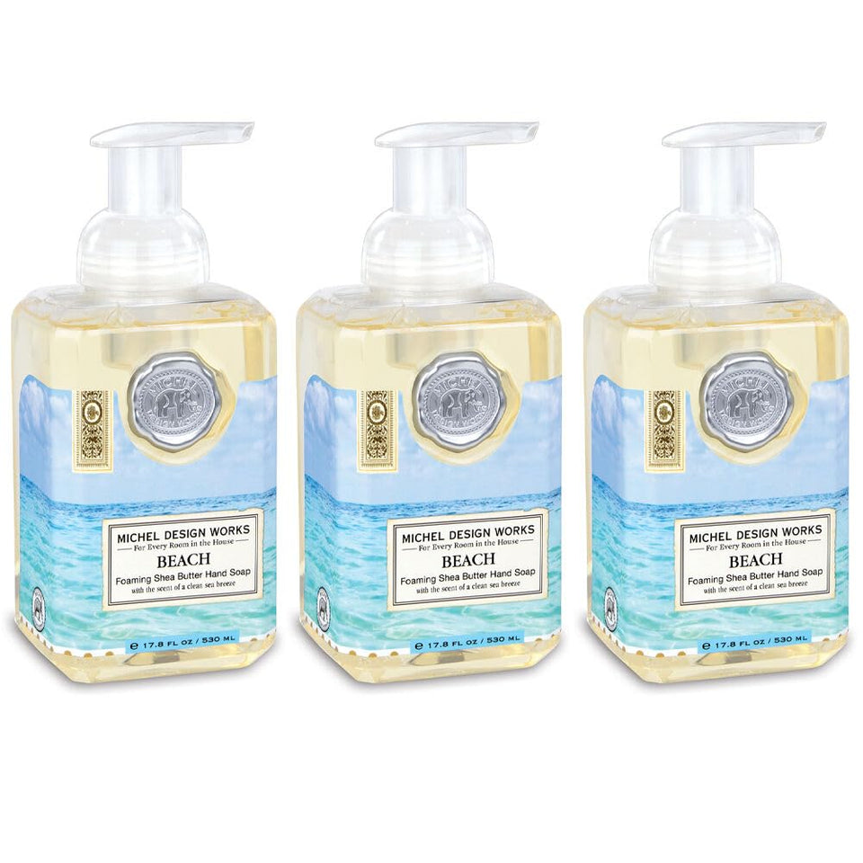 Michel Design Works bottle front packaging showing beach label and medallion benefit: stylish sink display