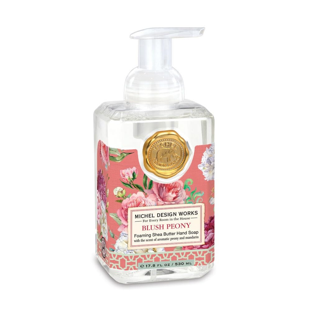 Michel Design Works front dispenser showing blush peony label and decorative bottle for aesthetic sinks