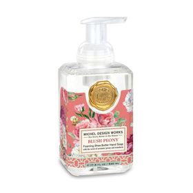 Michel Design Works front dispenser showing blush peony label and decorative bottle for aesthetic sinks