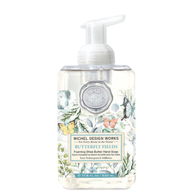 Michel Design Works front view of Butterfly Fields dispenser showing label and design benefits