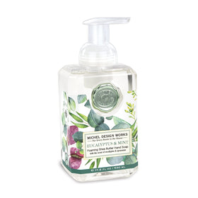Michel Design Works front view of eucalyptus mint foaming soap enhancing sink style