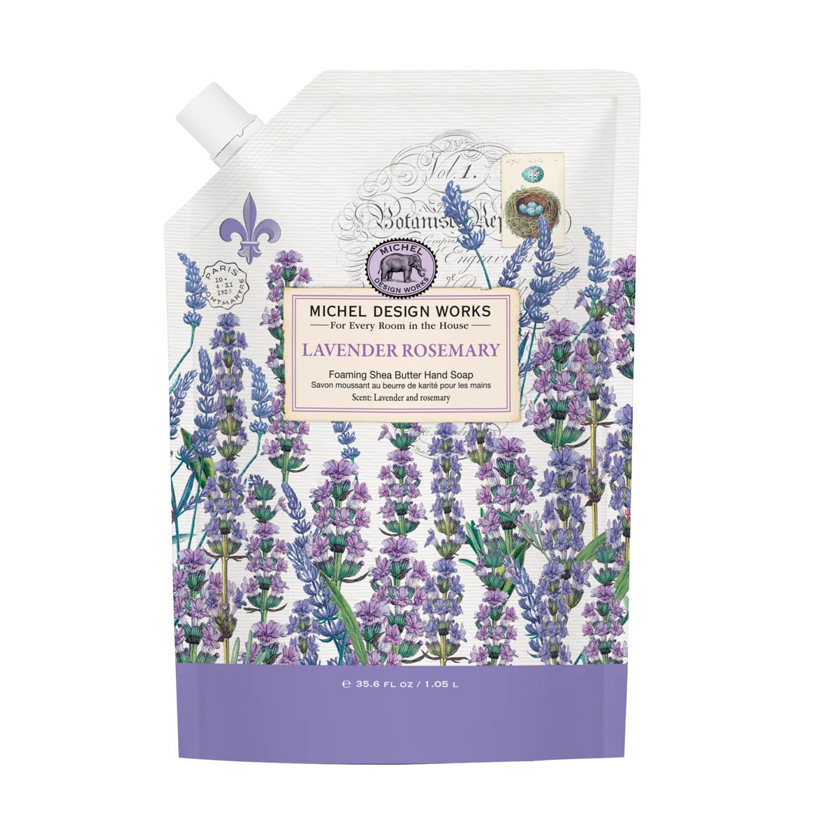 Michel Design Works front label showing lavender rosemary scent and refill convenience