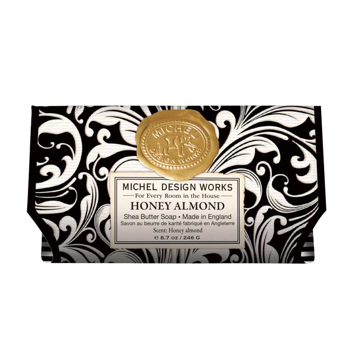Michel Design Works front packaging showing honey almond scent and large 8.7 oz bar benefits