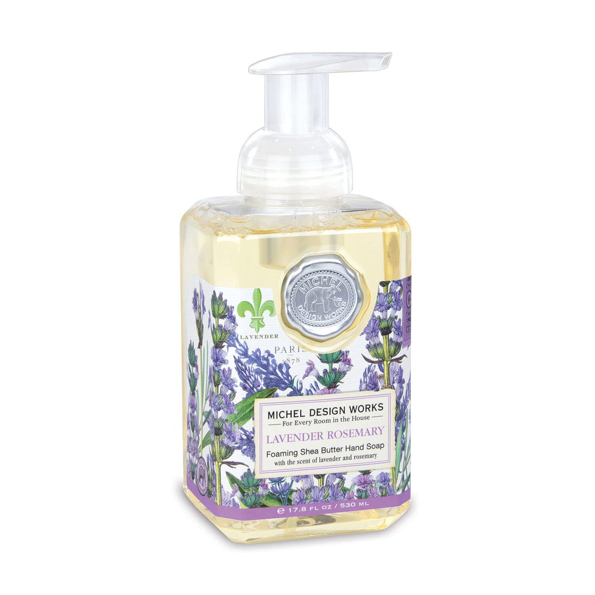 Michel Design Works front view of square dispenser showcasing elegant medallion and lavender scent for decor