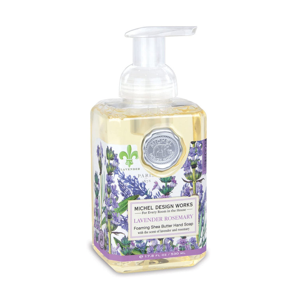 Michel Design Works front view of square dispenser showcasing elegant medallion and lavender scent for decor