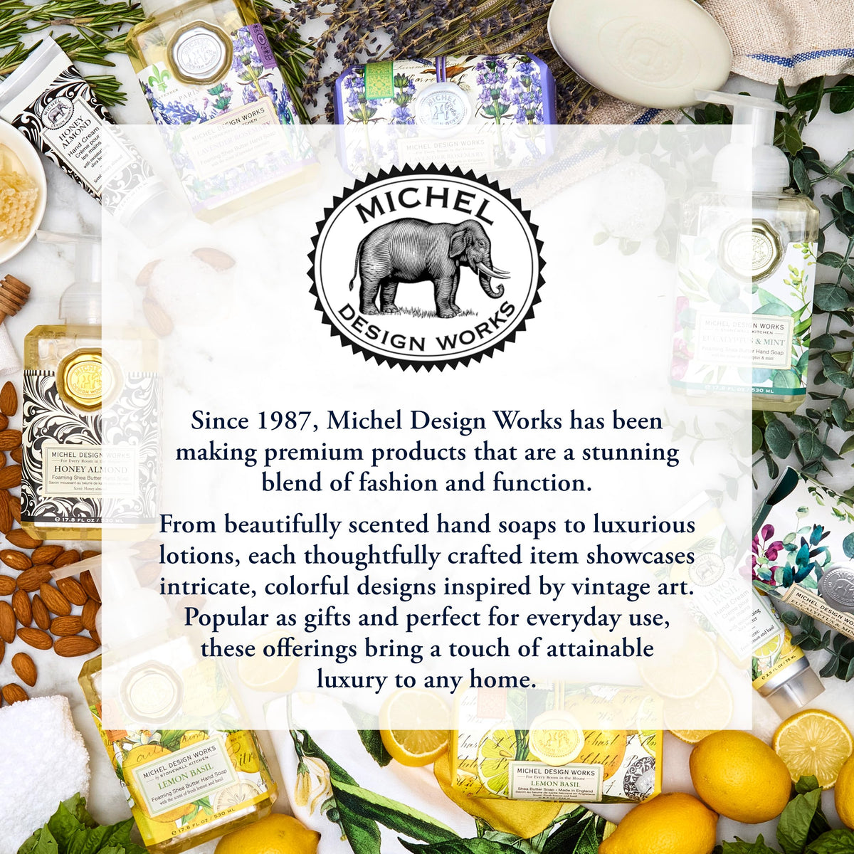 Michel Design Works bottle staged at bathroom sink illustrating decorative and practical use