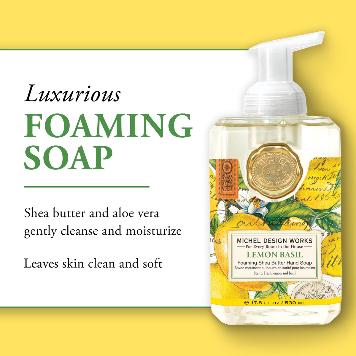 Michel Design Works foaming soap texture on hand showing rich lather and gentle cleansing