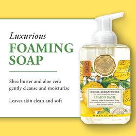 Michel Design Works foaming soap texture on hand showing rich lather and gentle cleansing