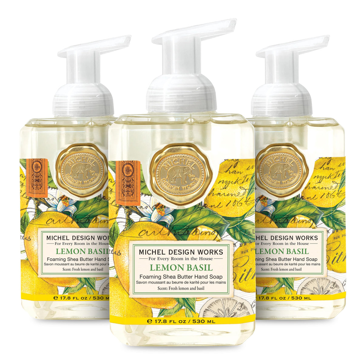Michel Design Works front packaging showing elegant soap bottles and medallion, polished look