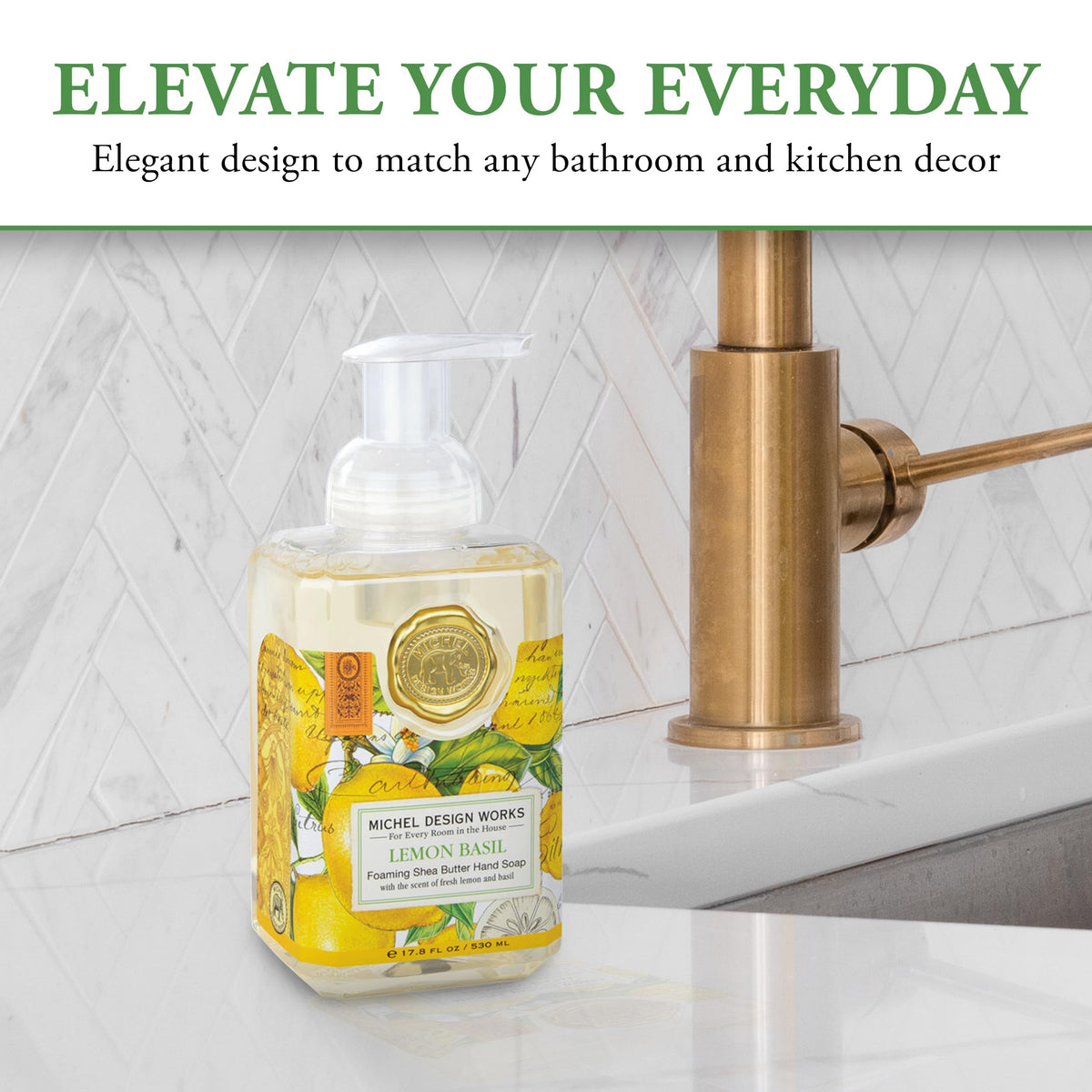 Michel Design Works label closeup highlighting scent notes and decorative medallion benefit