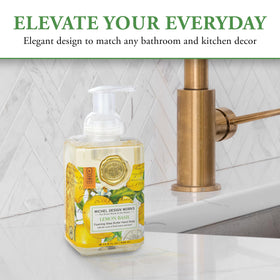 Michel Design Works label closeup highlighting scent notes and decorative medallion benefit