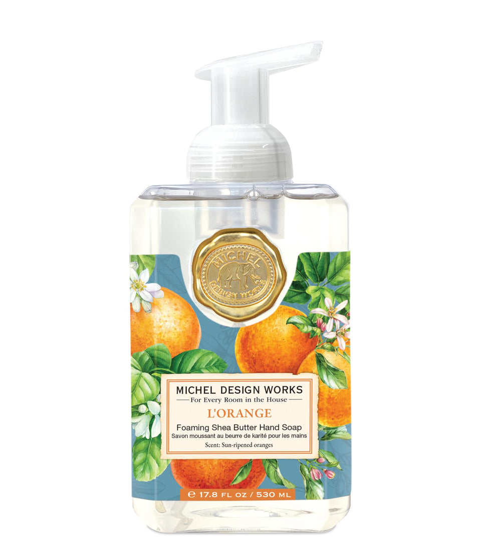 Michel Design Works foaming hand soap front view shows elegant bottle and citrus scent benefit