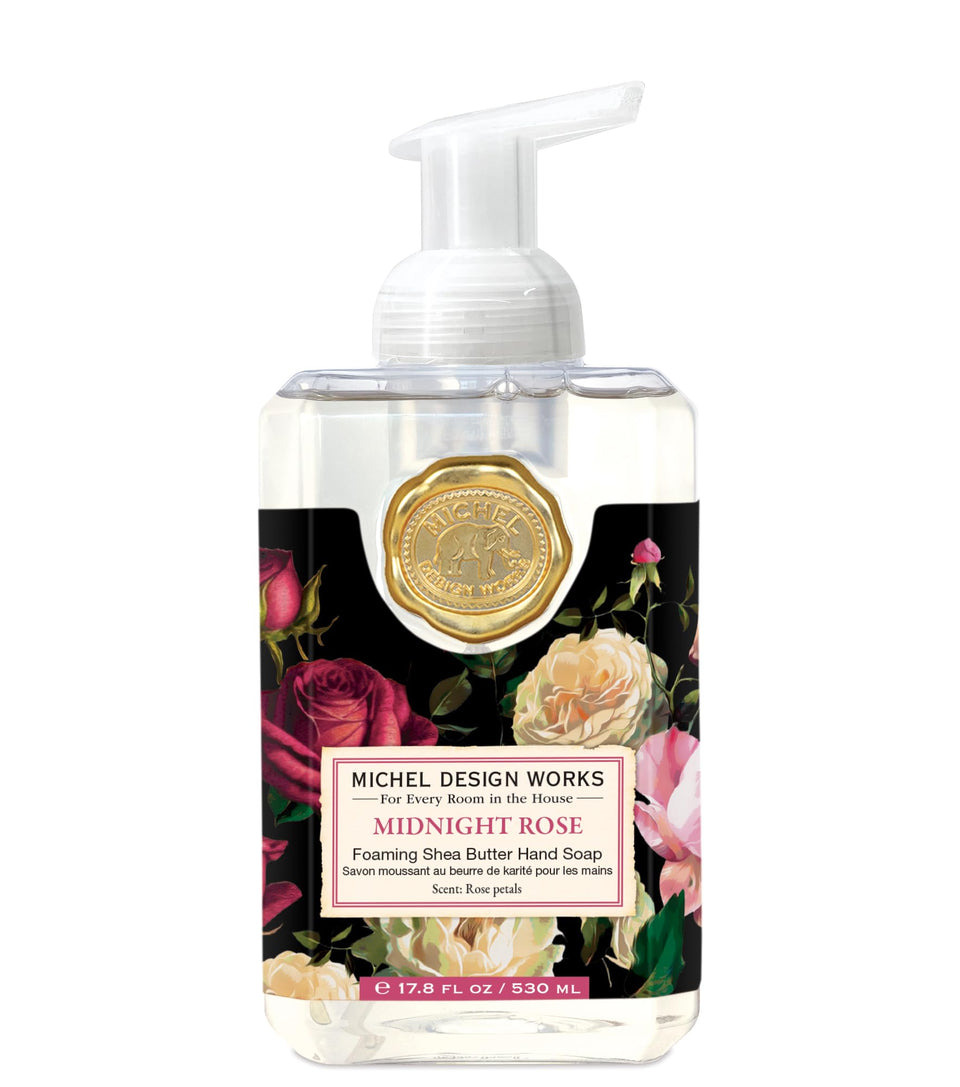 Michel Design Works front view of midnight rose dispenser, decorative sink accent