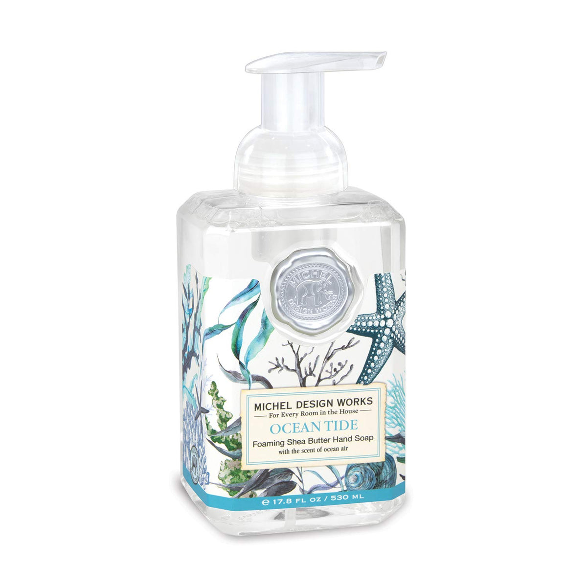Michel Design Works front packaging showing elegant label and ocean motif, enhances bathroom decor