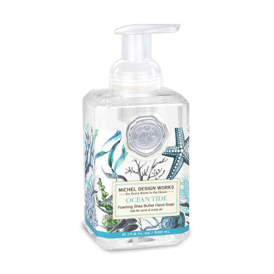 Michel Design Works front packaging showing elegant label and ocean motif, enhances bathroom decor