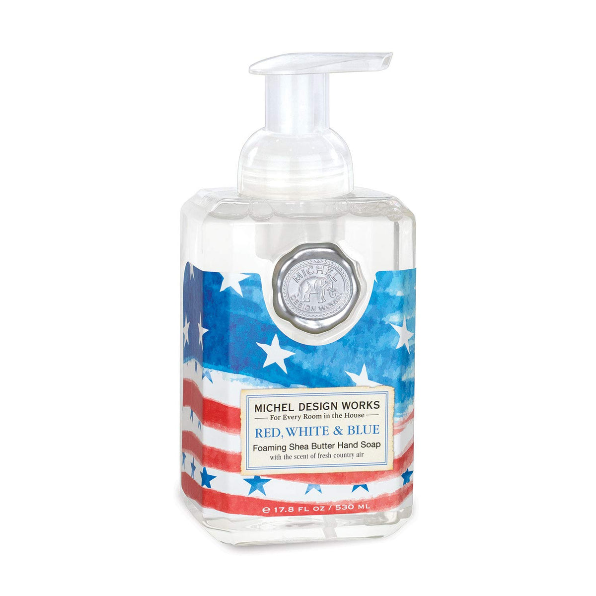 Michel Design Works front bottle view showing red white blue art and elegant pump, decorative and functional