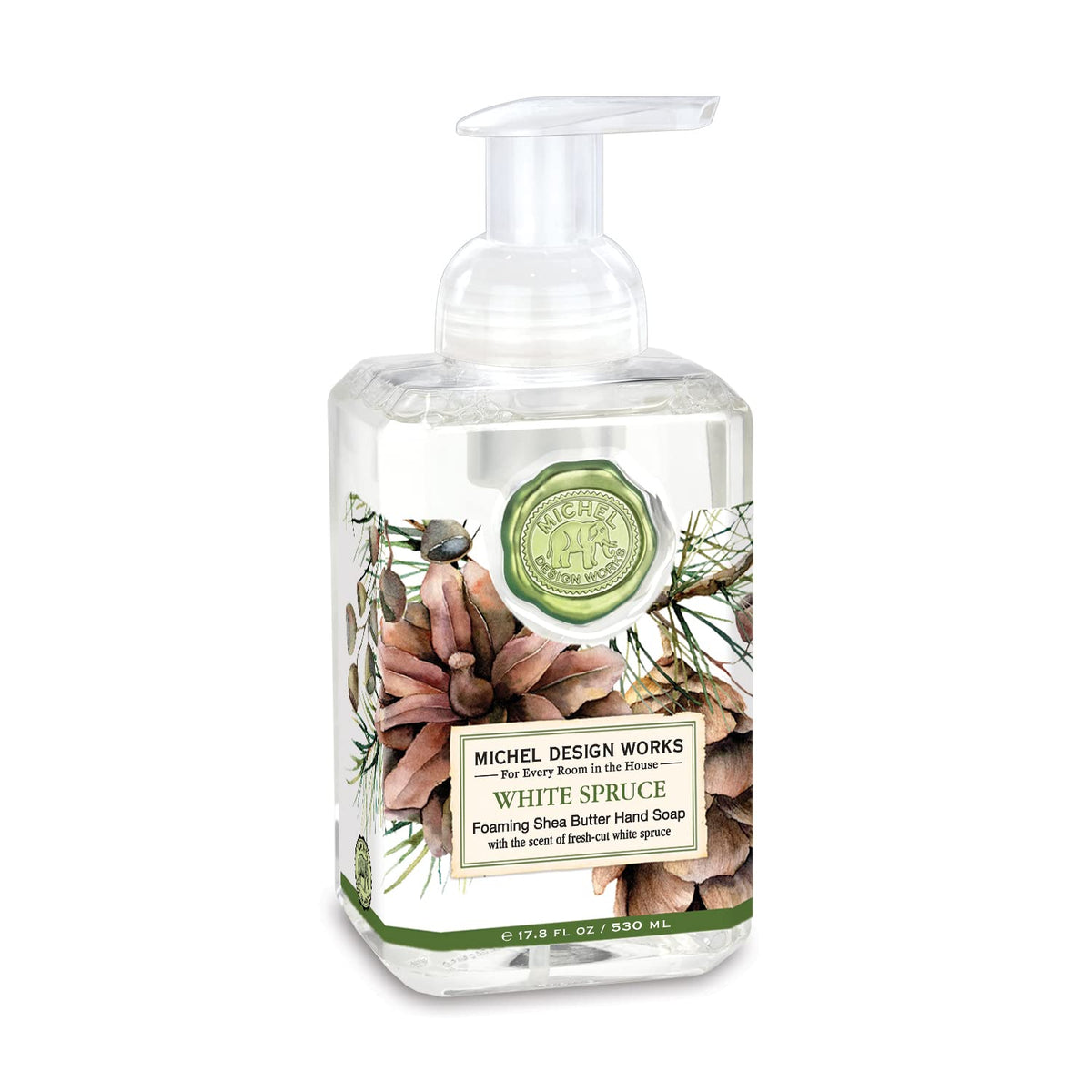 Michel Design Works front bottle showing white spruce label and decorative appeal